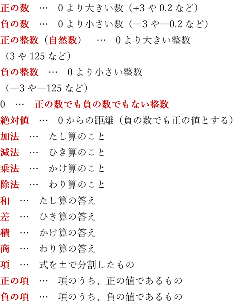 正の数　…　0より大きい数（+3や0.2など） 負の数　…　0より小さい数（―3や―0.2など） 正の整数（自然数）　…　0より大きい整数 （3や125など） 負の整数　…　0より小さい整数 （―3や―125など） 0　…　正の数でも負の数でもない整数 絶対値　…　0からの距離（負の数でも正の値とする） 加法　…　たし算のこと 減法　…　ひき算のこと 乗法　…　かけ算のこと 除法　…　わり算のこと 和　…　たし算の答え 差　…　ひき算の答え 積　…　かけ算の答え 商　…　わり算の答え 項　…　式を±で分割したもの 正の項　…　項のうち、正の値であるもの 負の項　…　項のうち、負の値であるもの