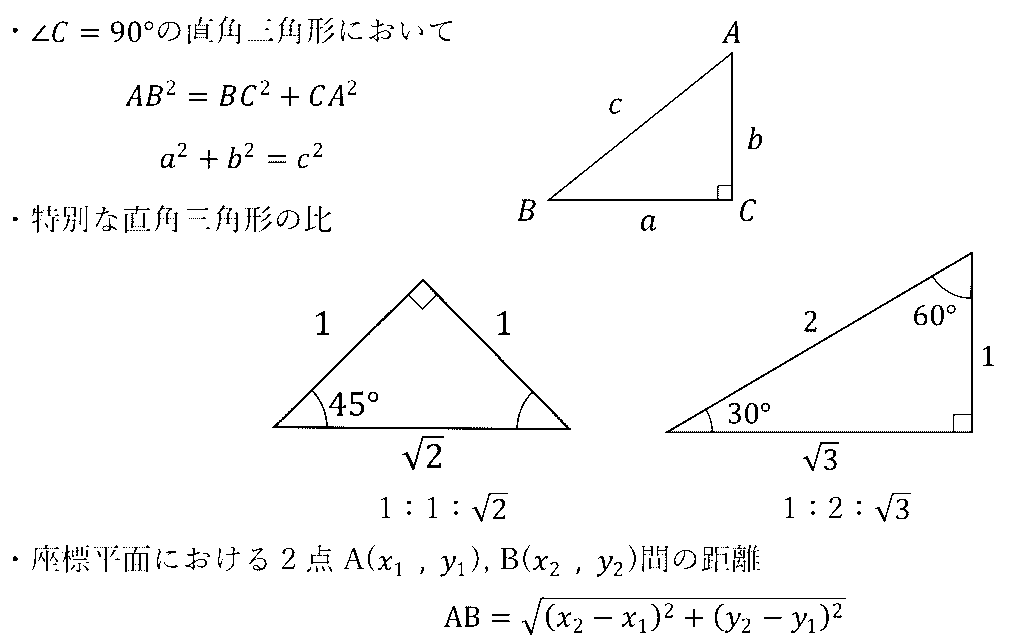 ・∠C=90°の直角三角形において AB^2=BC^2+CA^2 a^2+b^2=c^2 ・特別な直角三角形の比 　　　 1：1：√2　　　　　　　　　1：2：√3 ・座標平面における2点A(x_1 ,y_1), B(x_2 ,y_2)間の距離 AB=√((x_2-x_1 )^2+(y_2-y_1 )^2 )