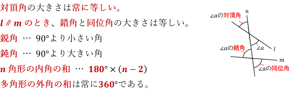 対頂角の大きさは常に等しい。
l ∥ m のとき、錯角と同位角の大きさは等しい。
鋭角 … 90°より小さい角
鈍角 … 90°より大きい角
n 角形の内角の和 … 180°×(n-2)
多角形の外角の和は常に360°である。