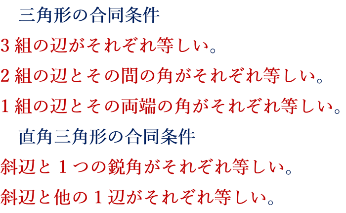 三角形の合同条件 3組の辺がそれぞれ等しい。 2組の辺とその間の角がそれぞれ等しい。 1組の辺とその両端の角がそれぞれ等しい。 直角三角形の合同条件 斜辺と1つの鋭角がそれぞれ等しい。 斜辺と他の1辺がそれぞれ等しい。