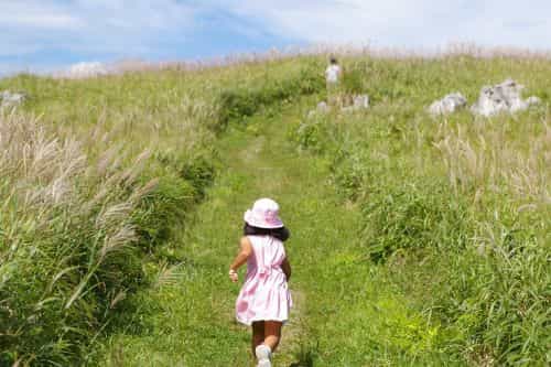 草原の先に男の子の後ろ姿が写り、後ろを帽子をかぶった女の子が走っている写真