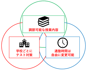 調松山市の個別指導塾アシスト愛媛が提供する柔軟な学習サービスを示すベン図（授業内容・テスト対策・通塾時間）
