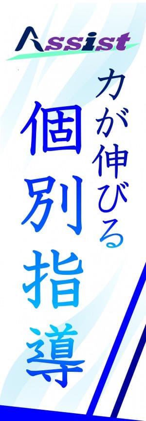 「Assistのロゴと『力が伸びる個別指導』のキャッチコピーが描かれた教育塾ののぼり